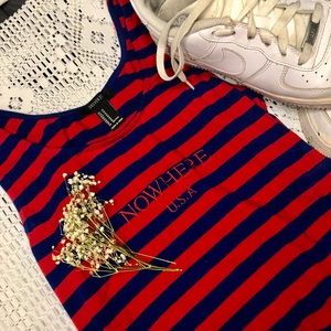 Horizontal red and blue striped body suit